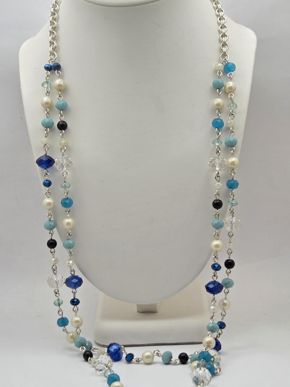 Boho Blue Crystal & Faux Pearl Beaded Station Necklace 28" Silver Tone